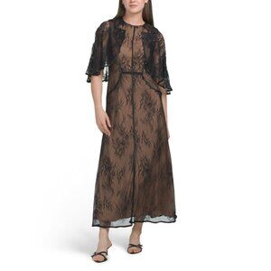 NANCY YANG Black Lace Capelet Dress
